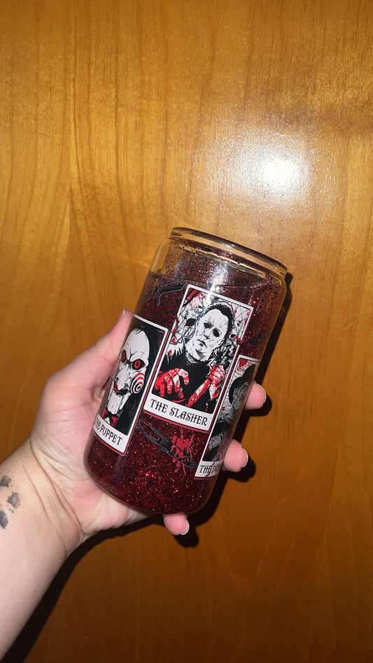 *Reserved* Glass Can Cup with Horror decal