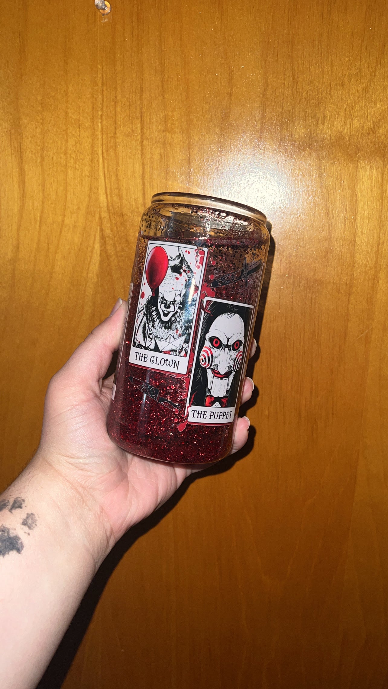 *Reserved* Glass Can Cup with Horror decal