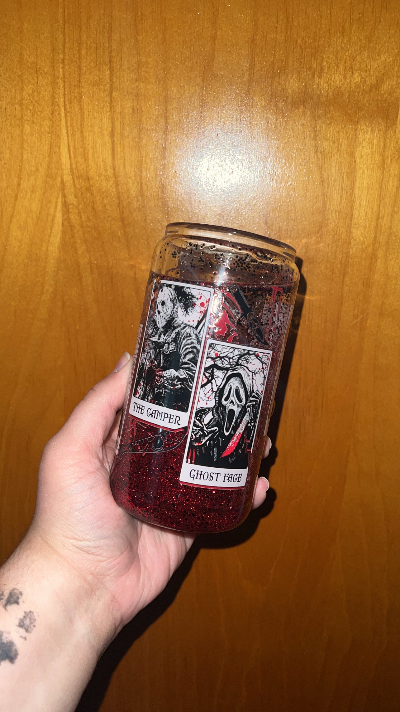 *Reserved* Glass Can Cup with Horror decal